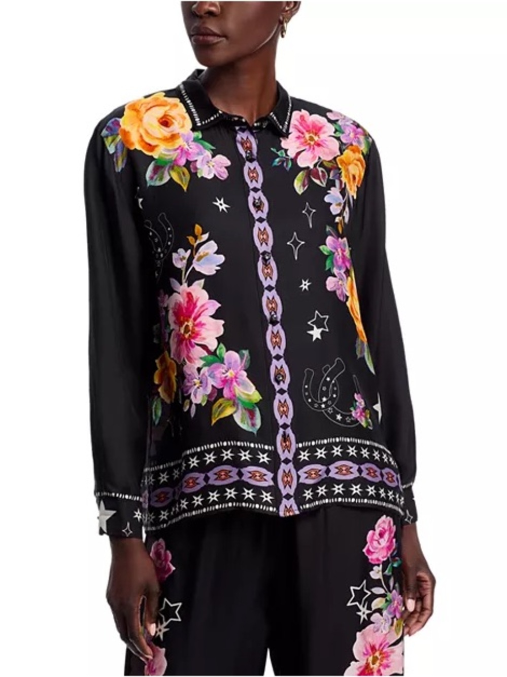 Johnny Was $280 Rosalynda Black Floral Button-Up Western Shirt Sz L - Like New - Picture 4 of 14